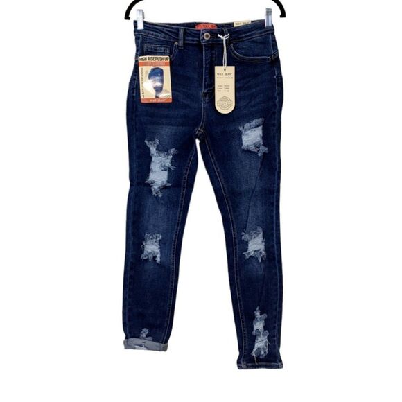 Wax Jean Womens Size 7/28 Dark Blue Distressed High Rise Push Up Capri Jeans - Picture 1 of 13